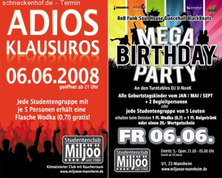 Mega Birthday /Adios Klausuros Werbeplakat