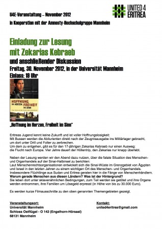 Lesung mit Zekarias Kebraeb Werbeplakat
